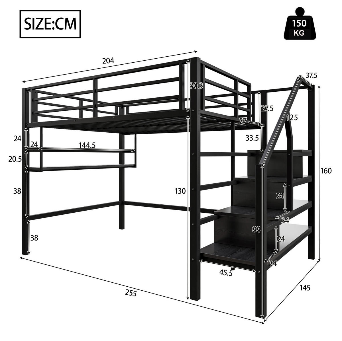 HOCHBETT aus Metall und MDF 140x200 cm Schwarz mit Stauraumleiter und Einlegeböden - Schwarz, Metall (140/200cm) - IVMEU