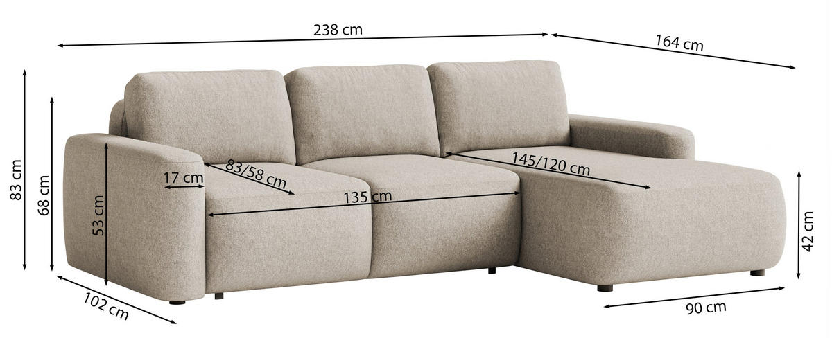 ECKSOFA Carnos Mini Hellbeige Chenille - Ecru/Schwarz, Kunststoff/Textil (238/164cm) - Selsey
