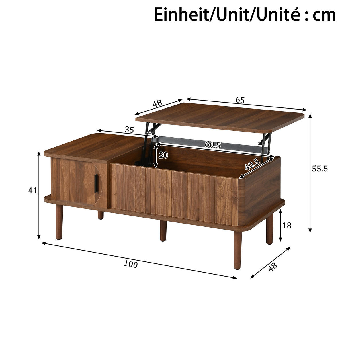 COUCHTISCH Retro Walnuss höhenverstellbar Rillen modern - Walnussfarben, Holzwerkstoff (100/48/55.5cm) - FLIEKS