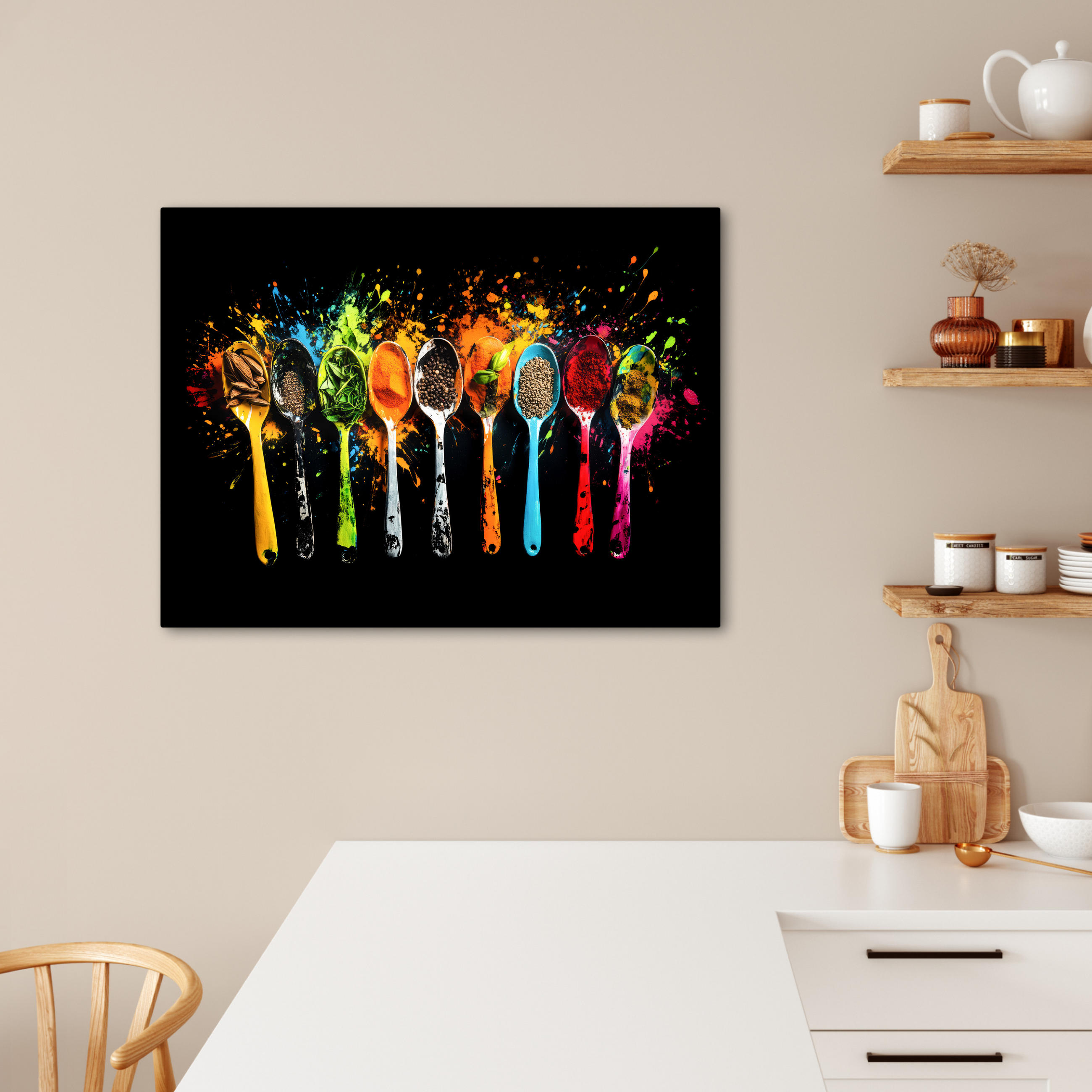 LEINWANDBILD Löffel - Gewürze - Modern - Graffiti - Farbe - Farbenfroh Wandbilder 80x60 cm - Multicolor, Textil (80/60cm) - MuchoWow