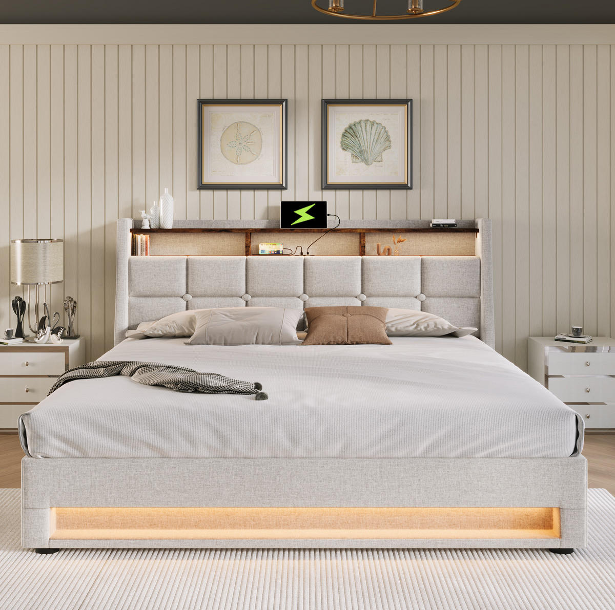 POLSTERBETT 140/200 cm Beige mit LED-Beleuchtung, USB-Anschlüssen und Stauraum - Beige, Textil (140/200cm) - Flora Grace