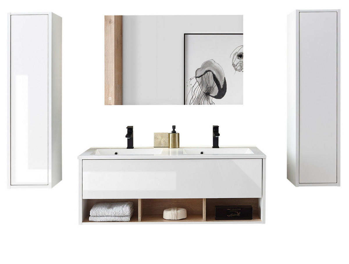 BADMÖBEL Set in weiß Hochglanz und Eiche mit Doppelwaschbecken und LED Beleuchtung 200 x 190 cm Glide - Weiß Hochglanz/Eichefarben, Glas/Holzwerkstoff (200/190/47cm) - Furn.Design