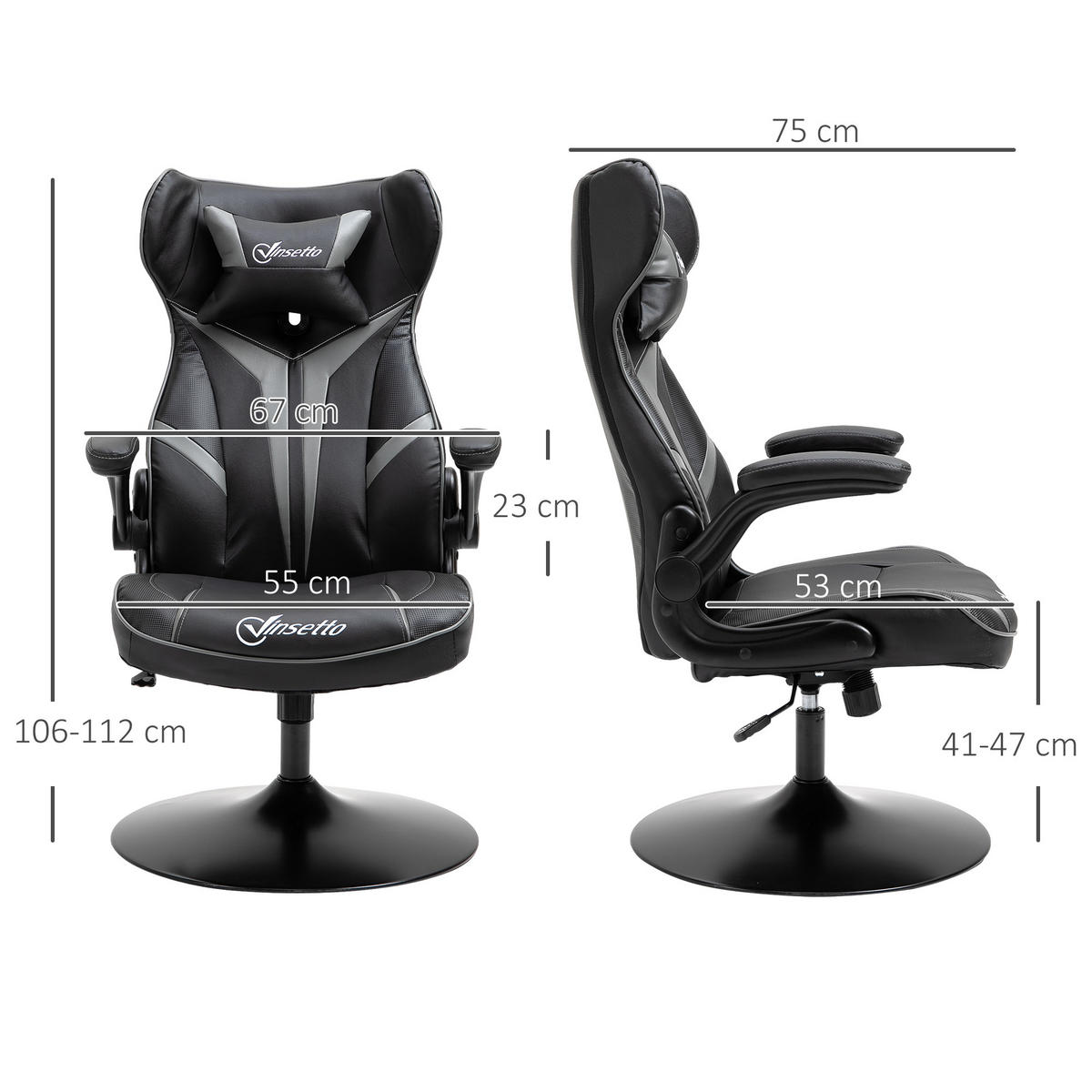 GAMING Stuhl, Drehstuhl, Schwarz+Grau - Silberfarben/Schwarz, Metall (70/112/67cm) - Vinsetto