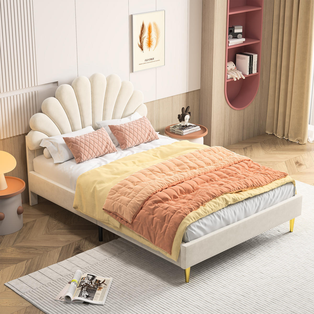 POLSTERBETT 140x200 cm, Blumenform-Kopfteil, Samt - Beige, Textil/Metall (140/200cm)