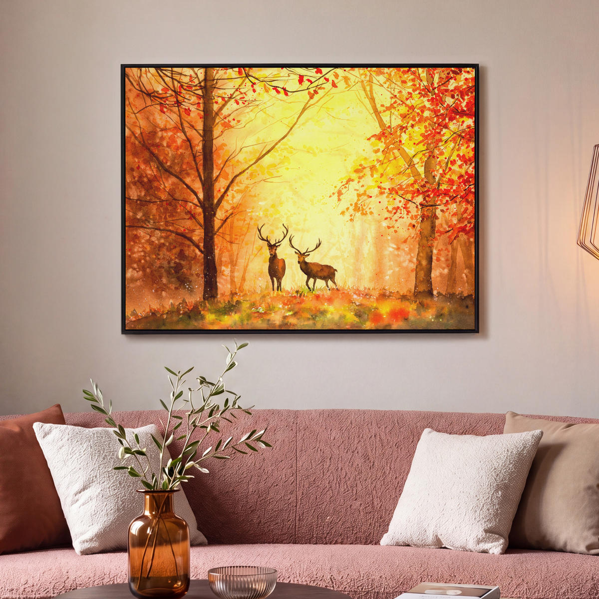 LEINWAND Bilder mit Rahmen - Natur - Ölfarbe - Hirsche - Tiere - Herbst - Orange - 100x70 - Orange, Textil (100/70cm) - MuchoWow