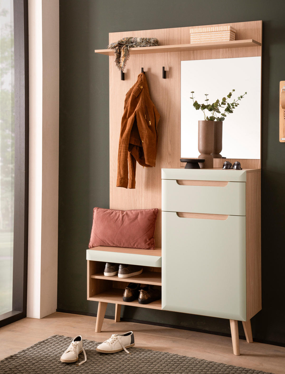 GARDEROBEN-SET Pistazie matt, Scandi Eiche, Kompaktgarderobe skandinavisch 110 x 197 cm - Eichefarben/Pastellgrün, Glas/Holz (107/197/34cm) - Furn.Design