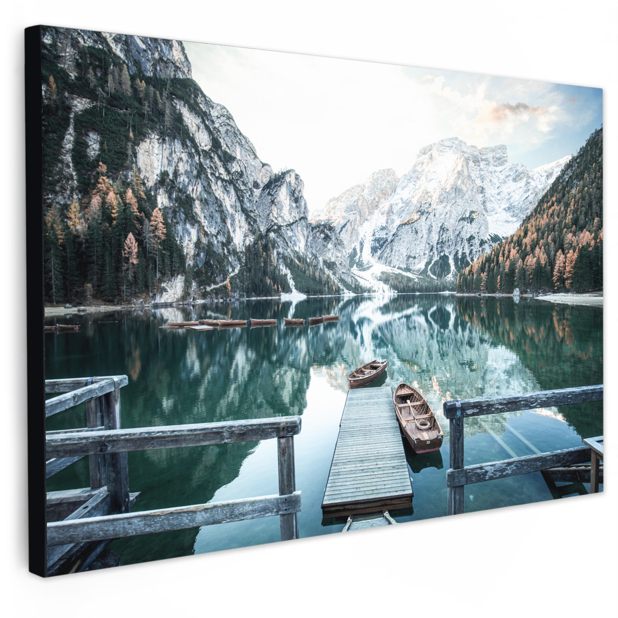 LEINWANDBILD Natur - Berge - Schnee - Wald - Boot XXL 150x100 cm - Hellgrün, Textil (150/100cm) - MuchoWow