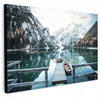 LEINWANDBILD Natur - Berge - Schnee - Wald - Boot XXL 150x100 cm - Hellgrün, Textil (150/100cm) - MuchoWow