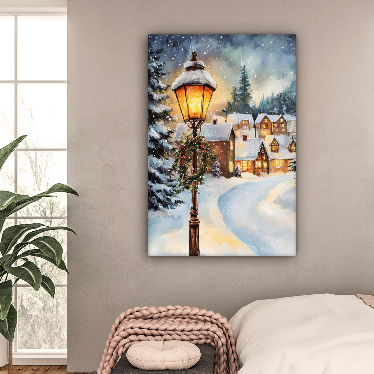 LEINWANDBILD Weihnachtsdorf - Häuser - Schnee - Weihnachten Deko XXL 80x120 cm - Sandfarben, Textil (80/120cm) - MuchoWow