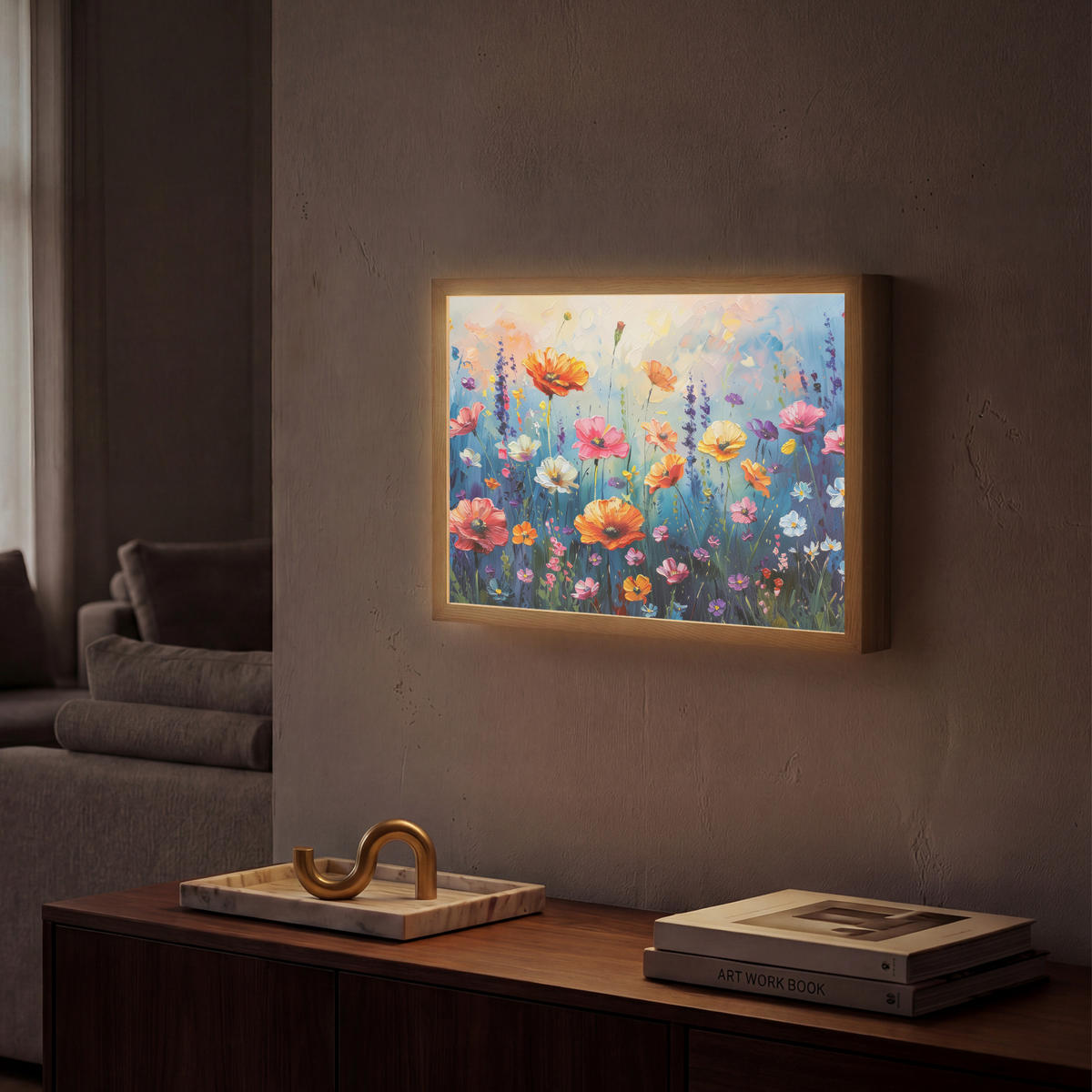 NÁSTĚNNÁ LAMPA S AKUMULÁTOREM Květiny - Příroda - Akvarel - Umění 40x30 cm - různobarevná, kompozitní dřevo (40/30/8cm) - OnlyWow
