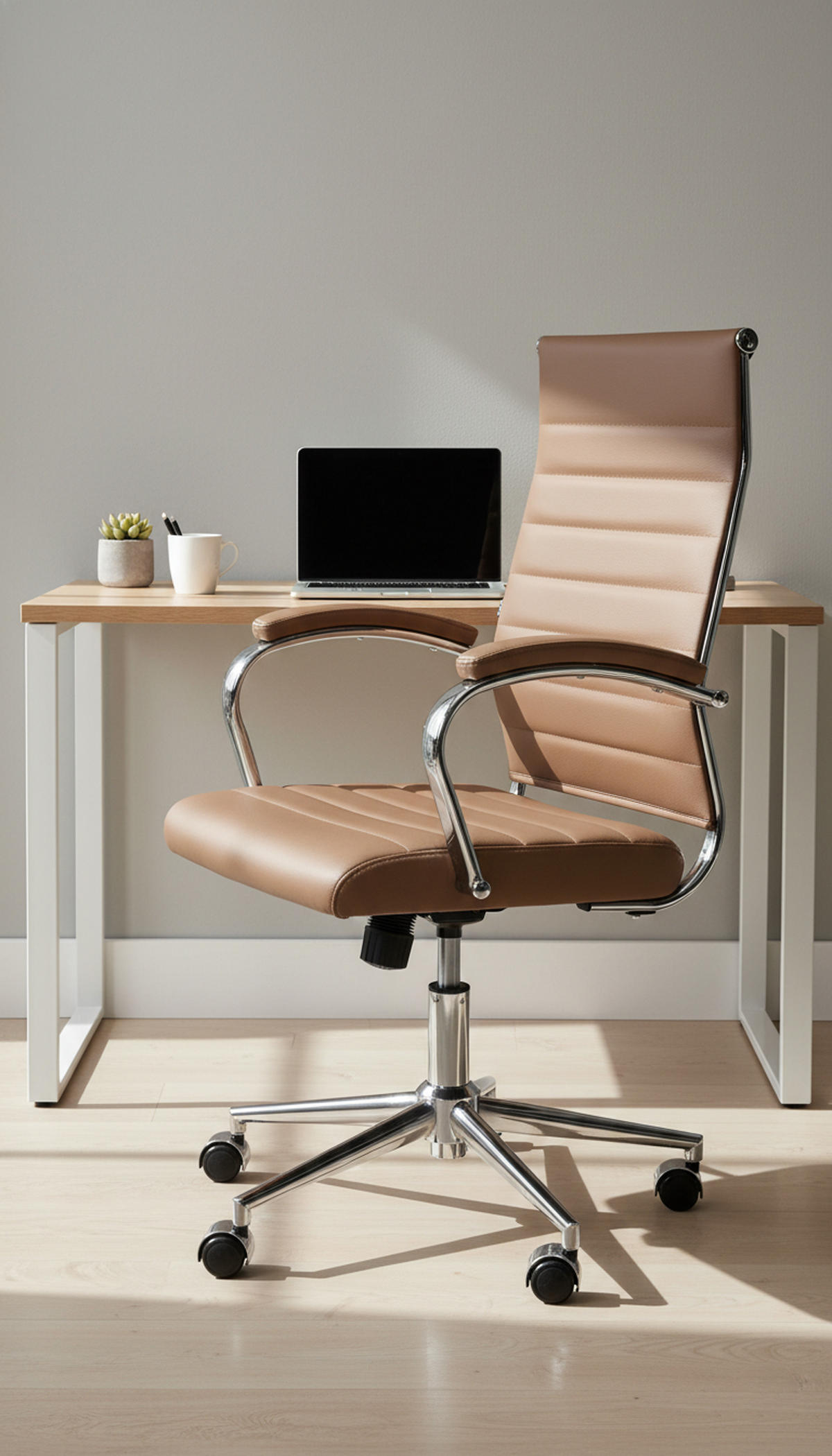 BÜROSTUHL Kaelis Echtleder hellbraun - Hellbraun/Chromfarben, Leder/Metall (56/112/61cm) - TPFLiving