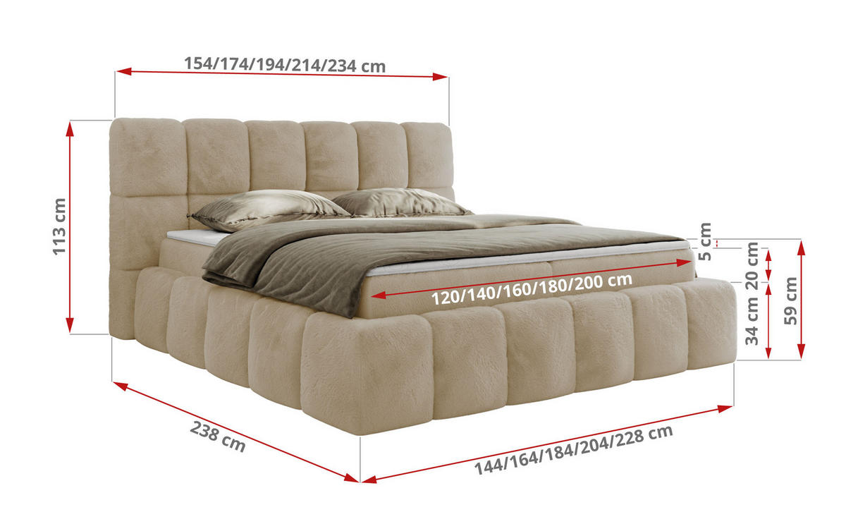 BOXBETT NIRA 200/200 - Creme Plüsch - H3 - Creme, Holz/Textil (200/200cm) - MKS