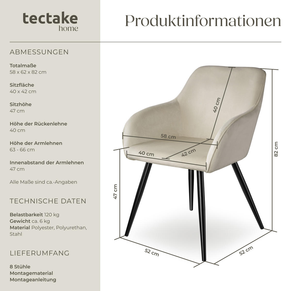 ESSZIMMERSTUHL 8er Set Marilyn 58 x 62 x 82 cm creme/schwarz - Creme/Schwarz, Textil (58/82/62cm) - tectake