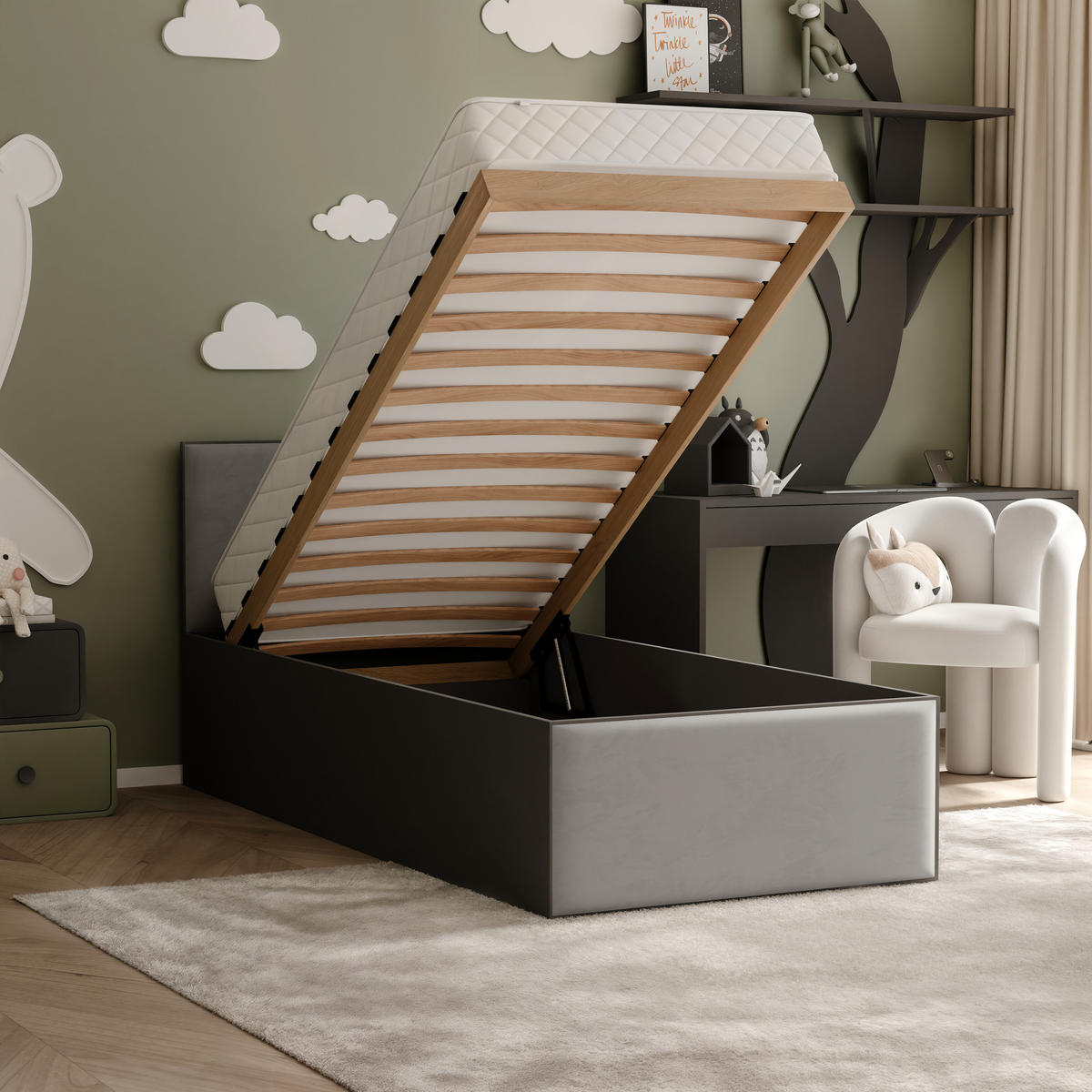 POLSTERBETT SASHI 90/200 cm Bettkasten, ohne Matratze, Schwarz / Grau - Grau, Holz/Holzwerkstoff (90/200cm) - Idohome