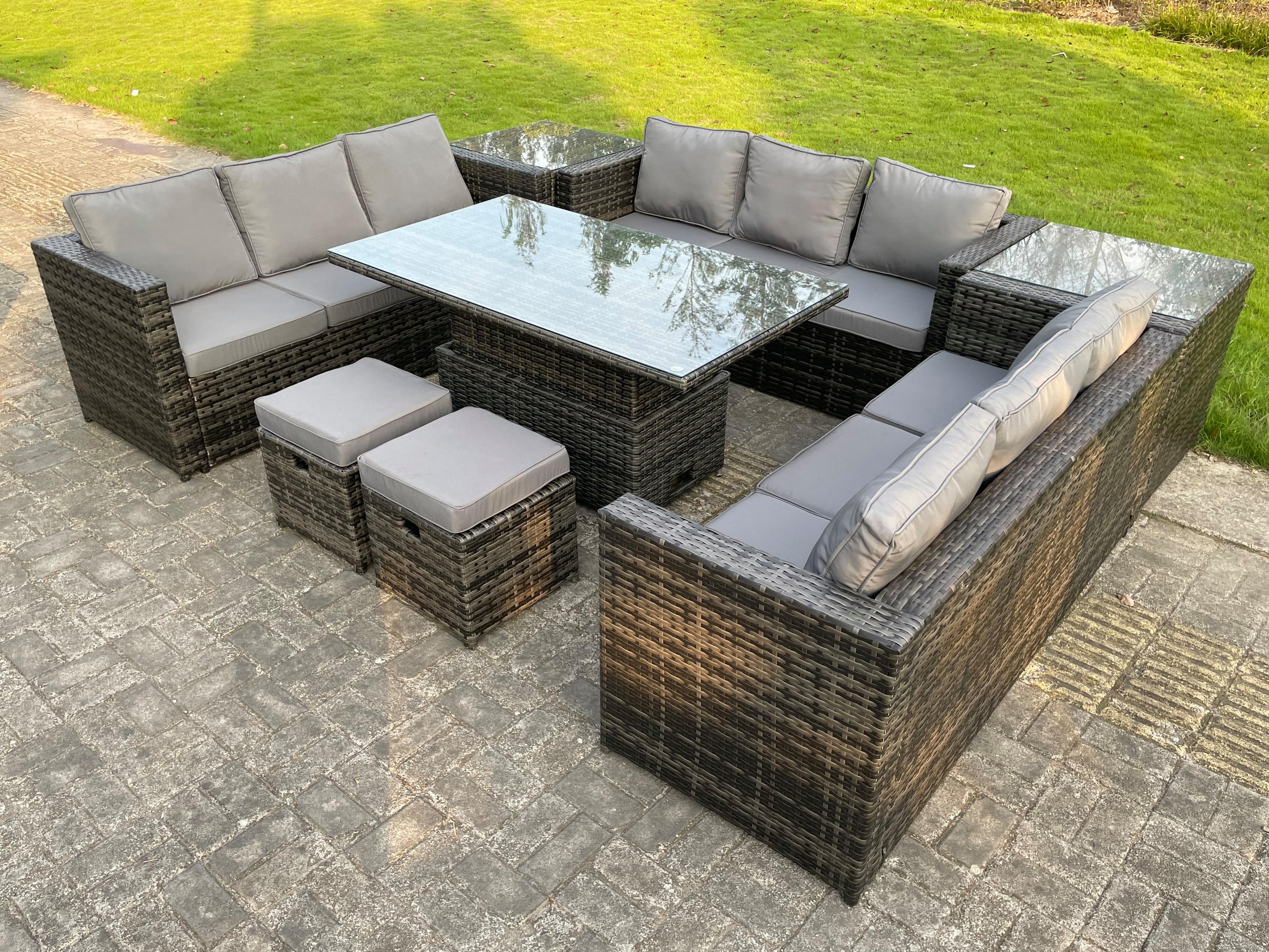 GARTENSOFA Hohe Rückenlehne Polyrattan 11-Sitzer - Dunkelgrau/Grau, Glas/Kunststoff - Fimous