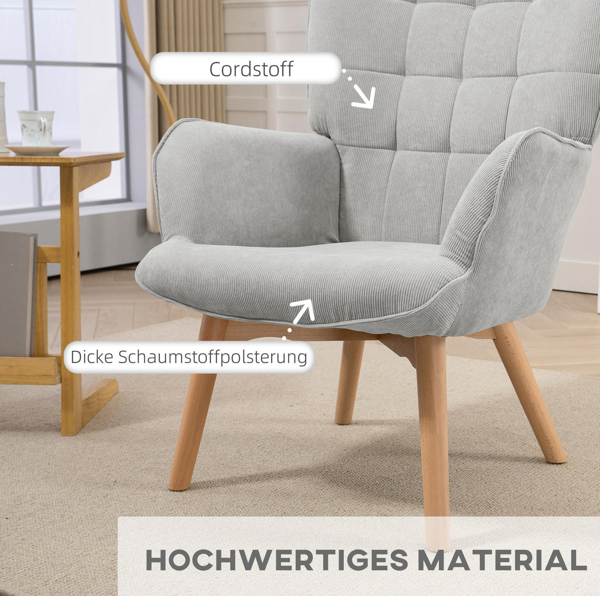 OHRENSESSEL Set Polyester mit Hocker, Holzbeinen 72/80/101 cm Grau - Grau, Textil (72/101/80cm) - Redom