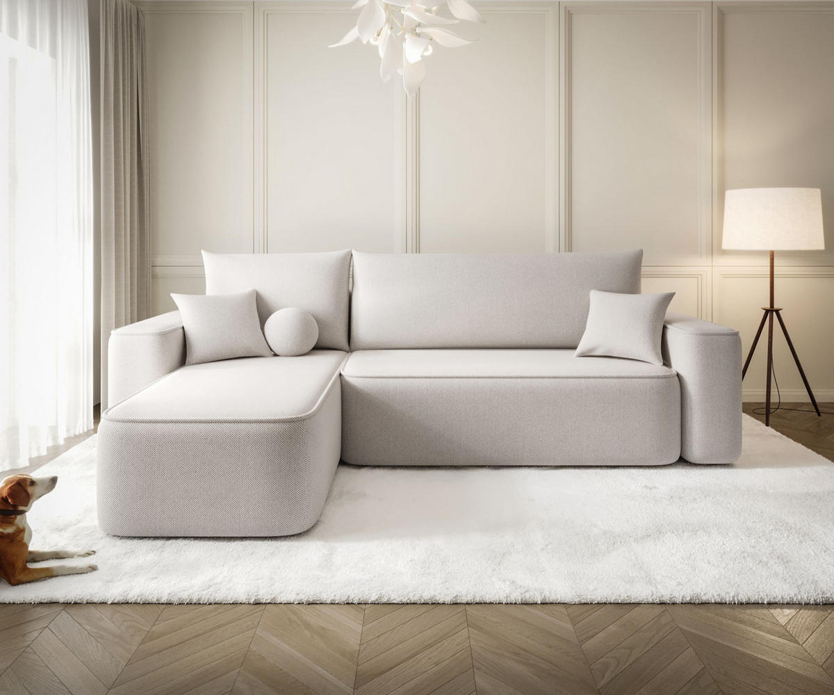 ECKSOFA TEXAS links hellbeige Strickstoff Curio 2 - Schlaffunktion, Bettkasten - Weiß, Textil (250/150cm) - Cornero