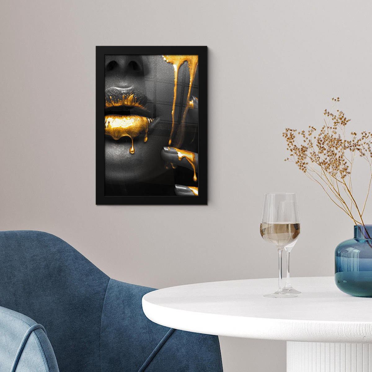 GERAHMTES BILD Frau - Schwarz - Gold - Gesicht - Lippen 20x30 cm - Goldfarben, Papier (20/30cm) - MuchoWow