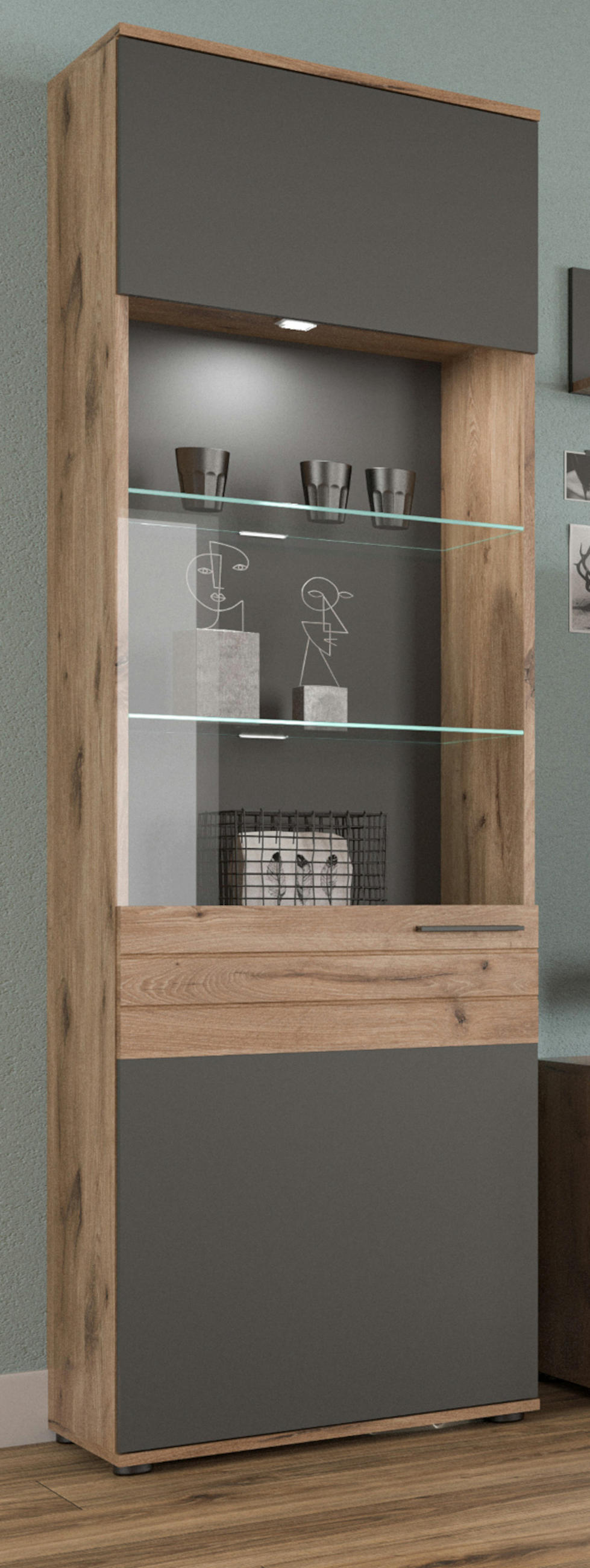 VITRINE Eiche, grau 57x200 cm mit Soft-Close, Wohn- und Esszimmer Vitrinenschrank - Eichefarben/Schwarz, Glas/Holzwerkstoff (57/200/37cm) - Inn.Furn