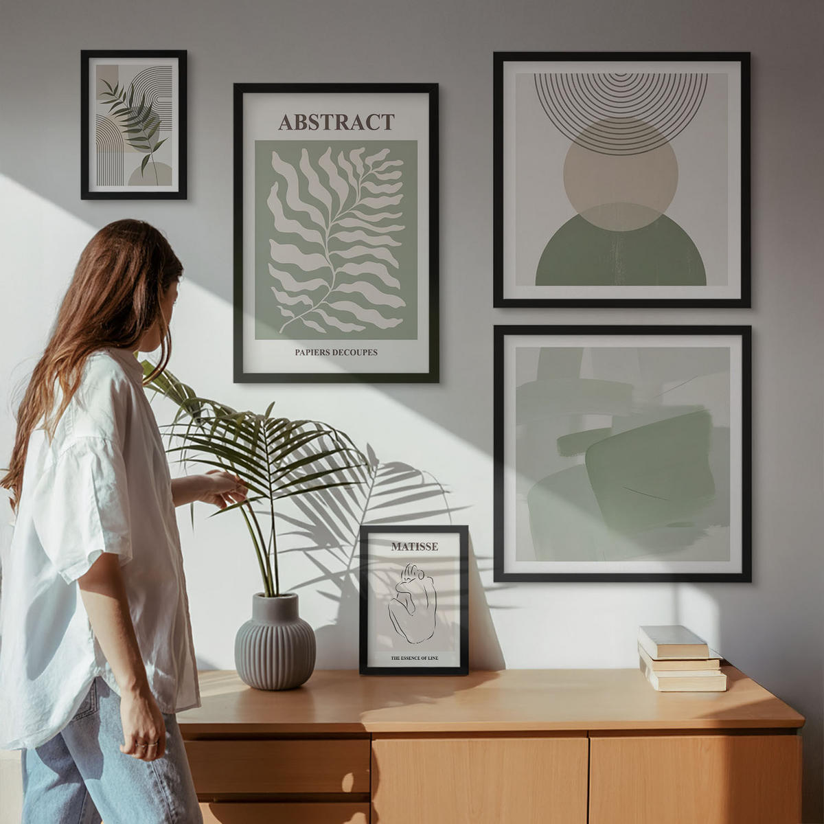 BILDER SET 5er Set - 50x50 cm & 20x30 cm & 40x60 cm Schwarzer Rahmen - Botanische Boho-Abstraktionen - Schwarz, Kunststoff (40/60cm) - TULUP