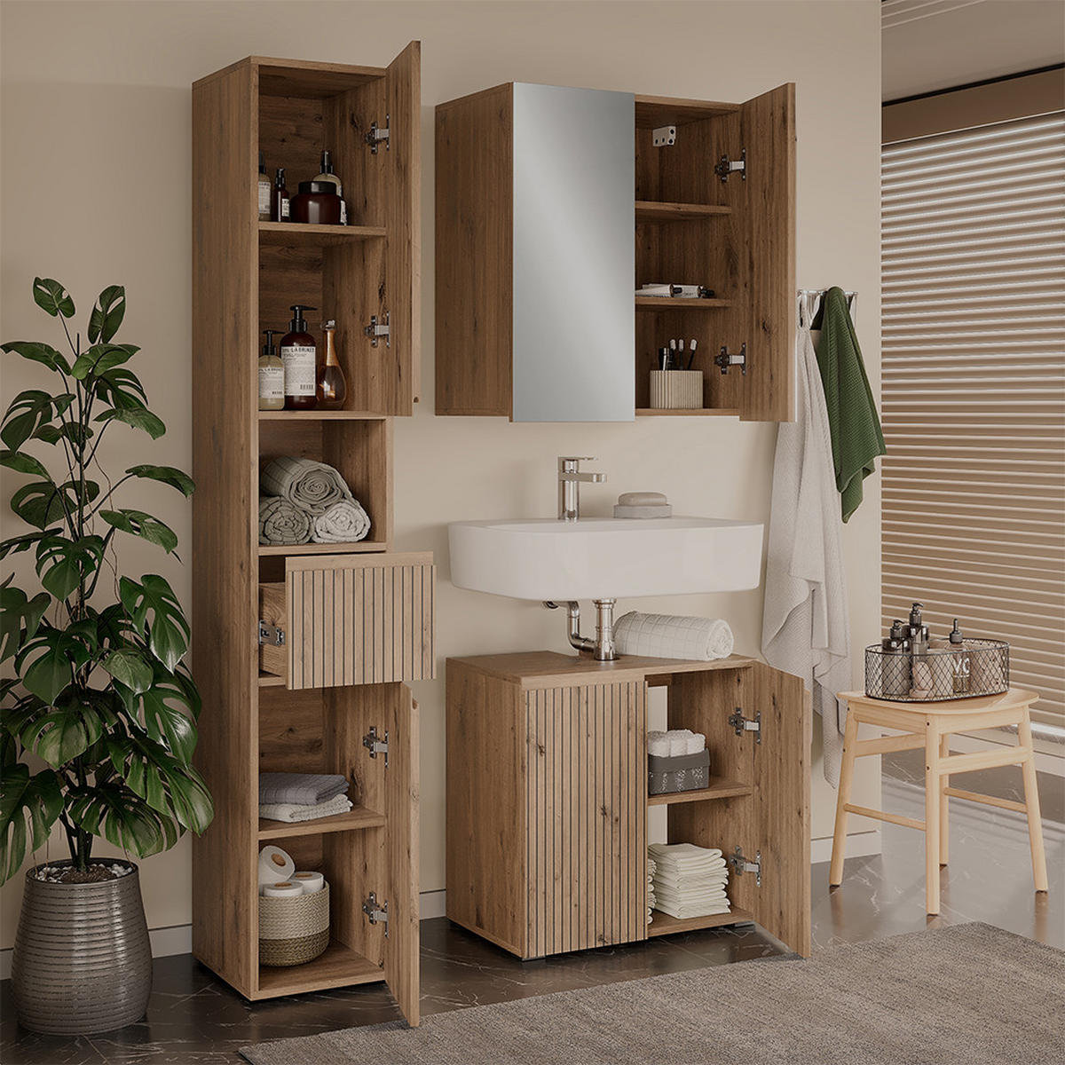 BADMÖBEL-SET Takumi Artisan 3 Teile - Hellgrau, Holzwerkstoff (60/58/35cm) - Vicco