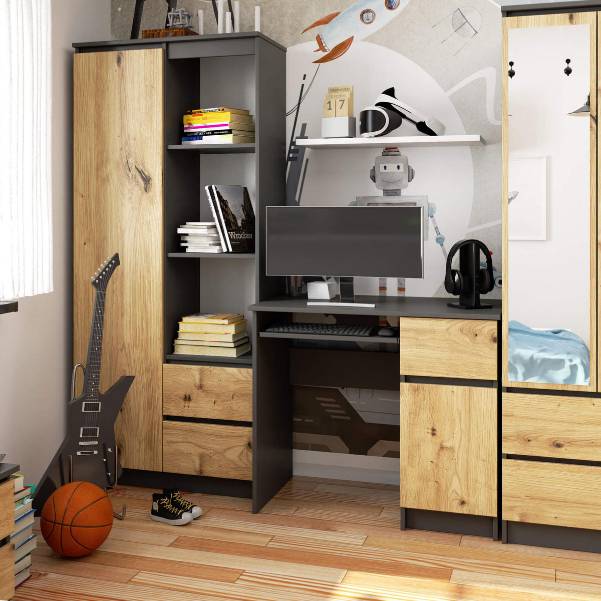 SCHREIBTISCH Graphit Grau, Eiche Artisan 77/90/50 - Eiche Artisan/Grau, Holzwerkstoff (50/90/77cm) - RAUMHIRSCH FURNITURE