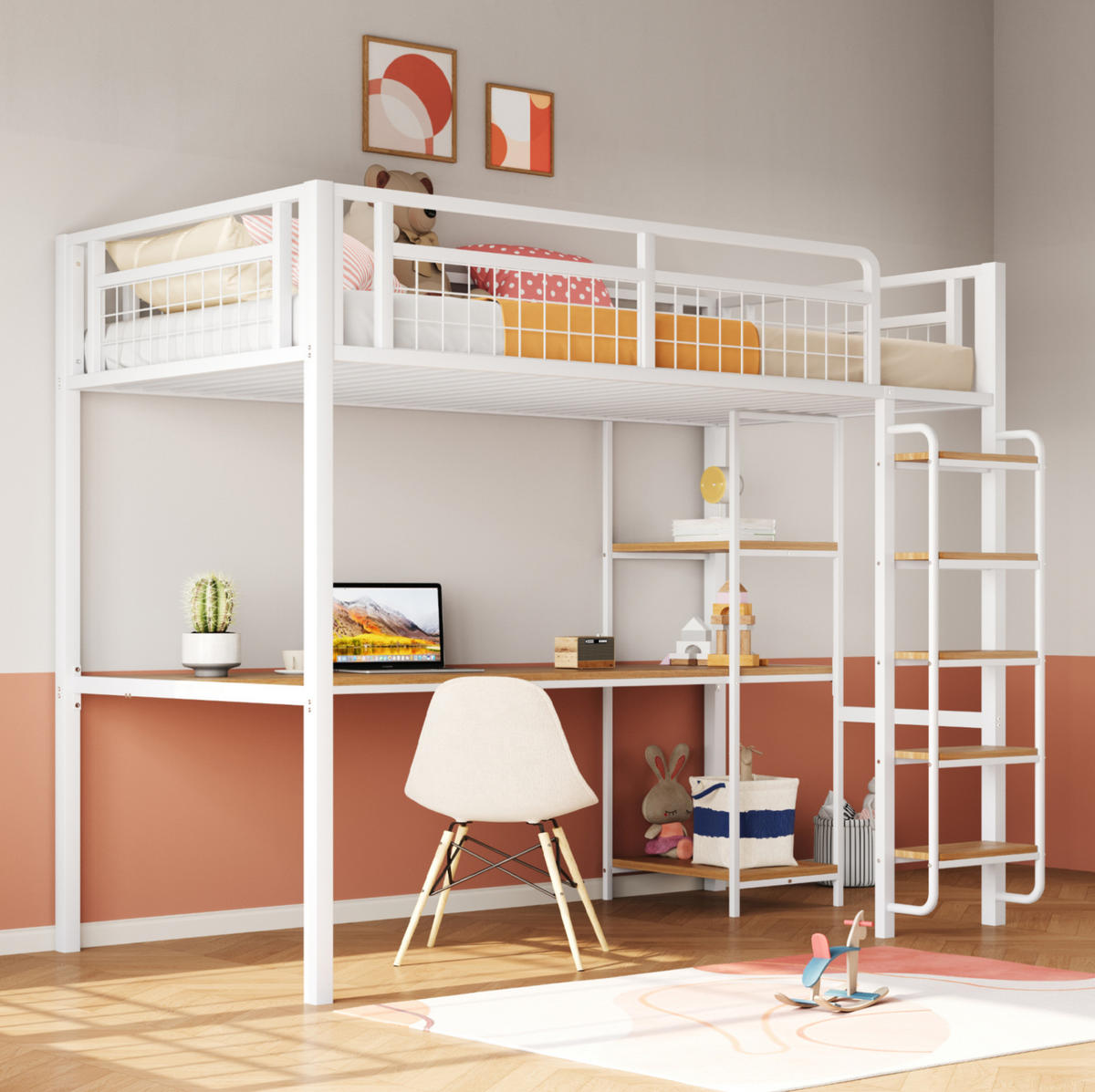 HOCHBETT 90/200 cm in Weiß mit Schreibtisch, Regalen und Sicherheitsleiter - Weiß, Metall (90/200cm) - Flora Grace