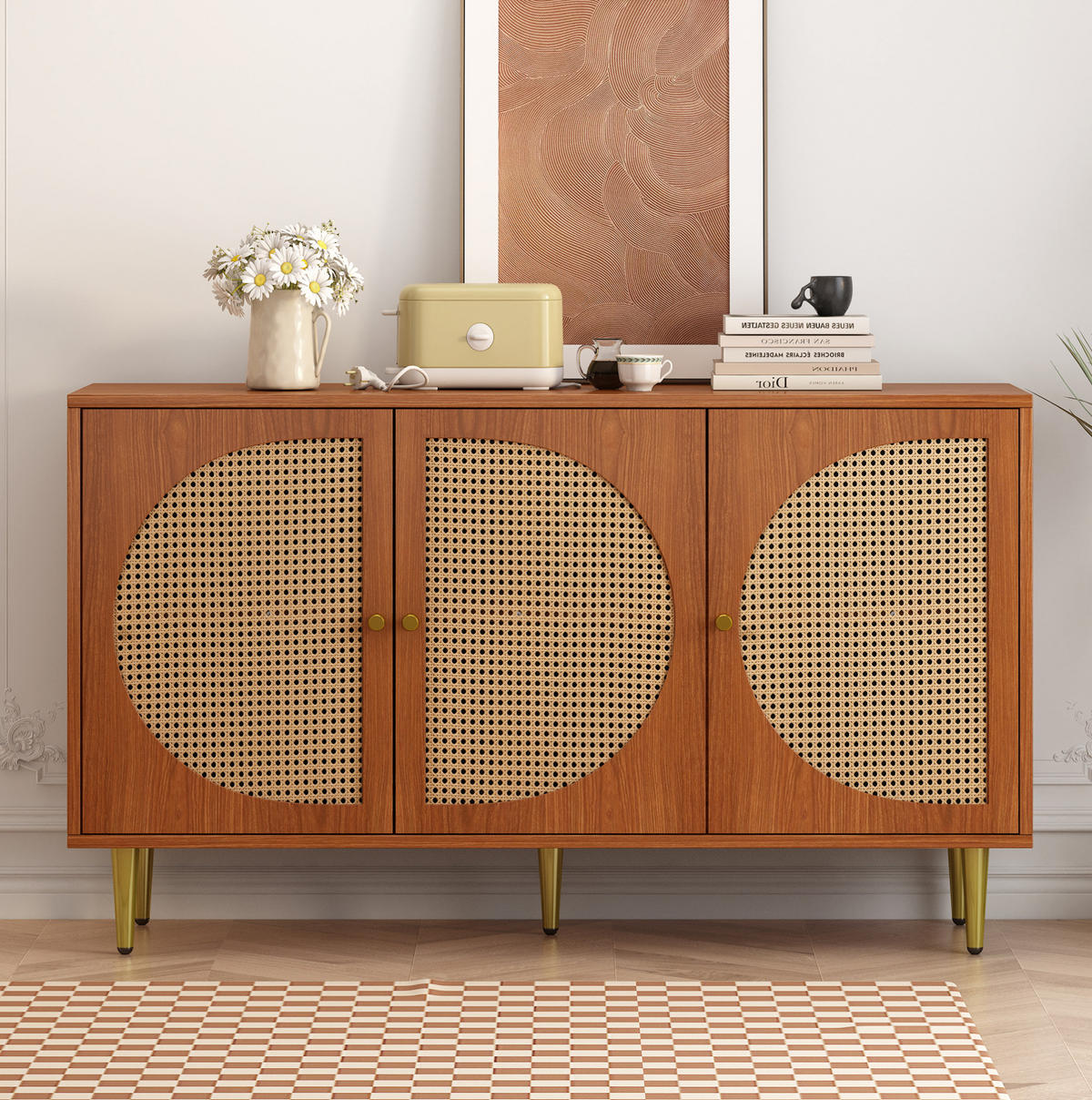 SIDEBOARD 129,8/40/76 cm in Walnuss mit Rattanfront und 3 Türen - Walnussfarben, Holzwerkstoff (129.8/76/40cm) - Flora Grace