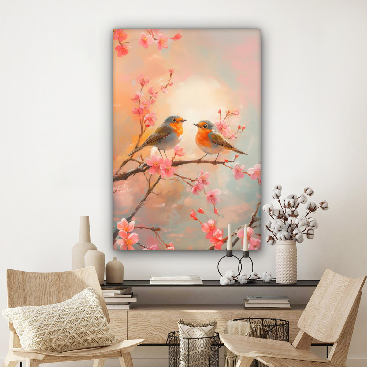 LEINWANDBILD Rotkehlchen - Zierpflanze - Blütenzweig Deko XXL 80x120 cm - Hellrosa, Textil (80/120cm) - MuchoWow