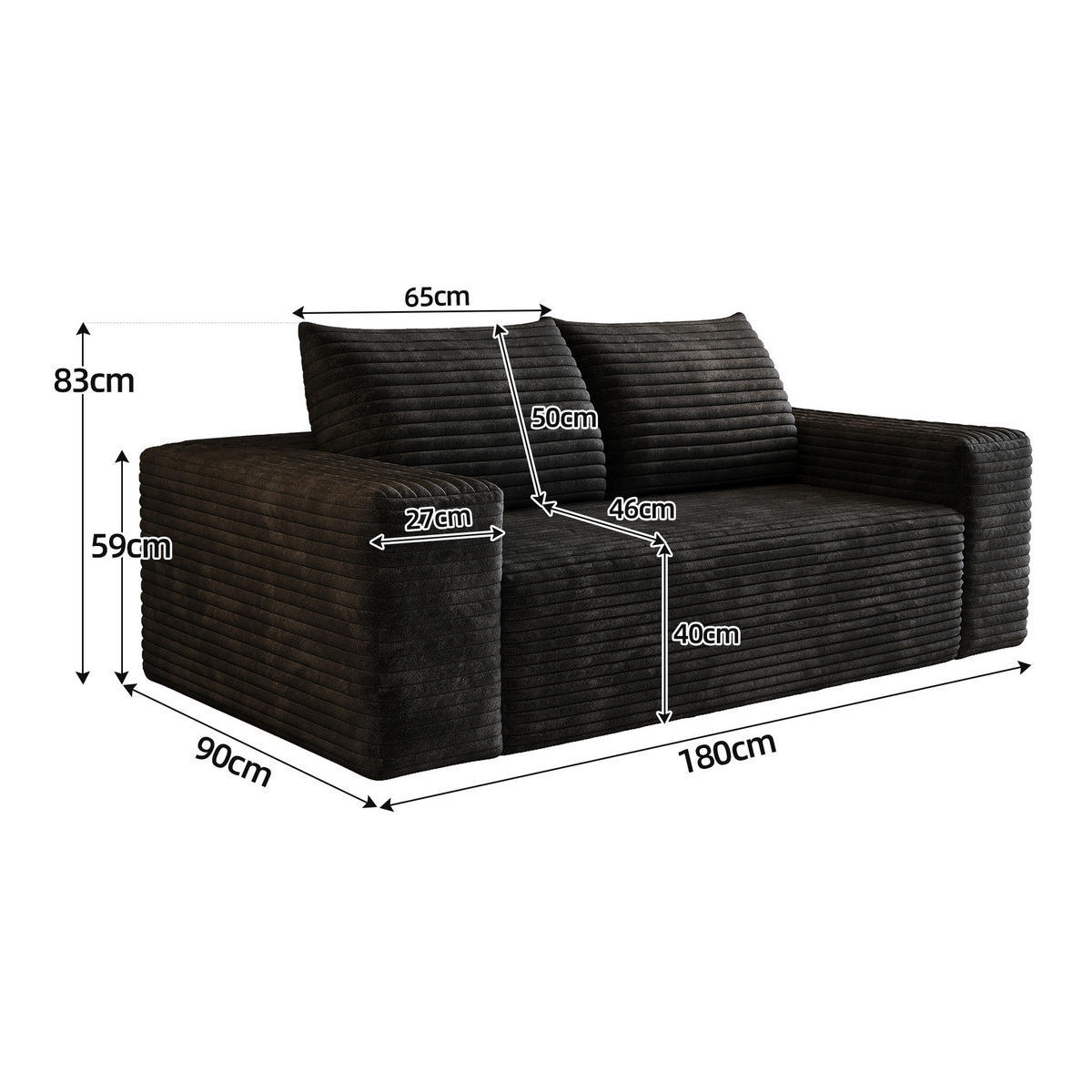2-SITZER-SOFA DE-34704 Boneless-Modul Schwarz - Schwarz, Textil (90/83/180cm) - ComfortXL