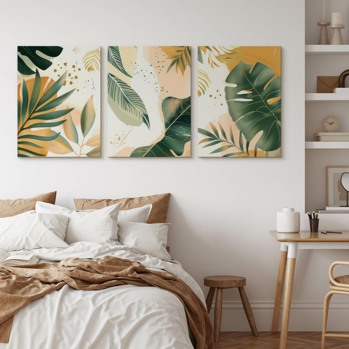 LEINWANDBILDER 3-es Set Blätter Boho - Beige/Weiß, Textil (90/40cm) - Muralo