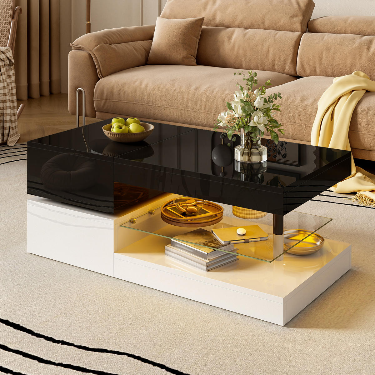 COUCHTISCH in Schwarz und Weiß mit LED-Beleuchtung für Wohnzimmer, B90/T45/H35.5 cm - Schwarz/Weiß, Glas/Holzwerkstoff (45/90/35.5cm) - STILVORA