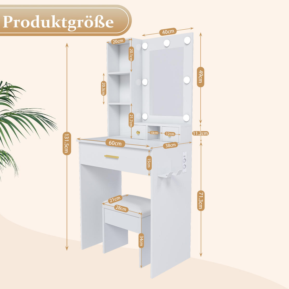 SCHMINKTISCH in Weiß Frisiertisch mit Hocker, Spiegel, LED und Steckdose, für kleine Schlafzimmer, B60/H131.5/T38cm - Weiß, Holzwerkstoff (60/131.5/38cm) - STILVORA