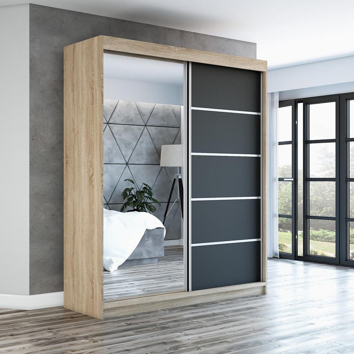 SCHWEBETÜRENSCHRANK 180 CM BERLIN Farbe: Sonoma , schwarz - Schwarz/Braun, Holzwerkstoff (180/215/59.5cm) - A&J MöbelLand