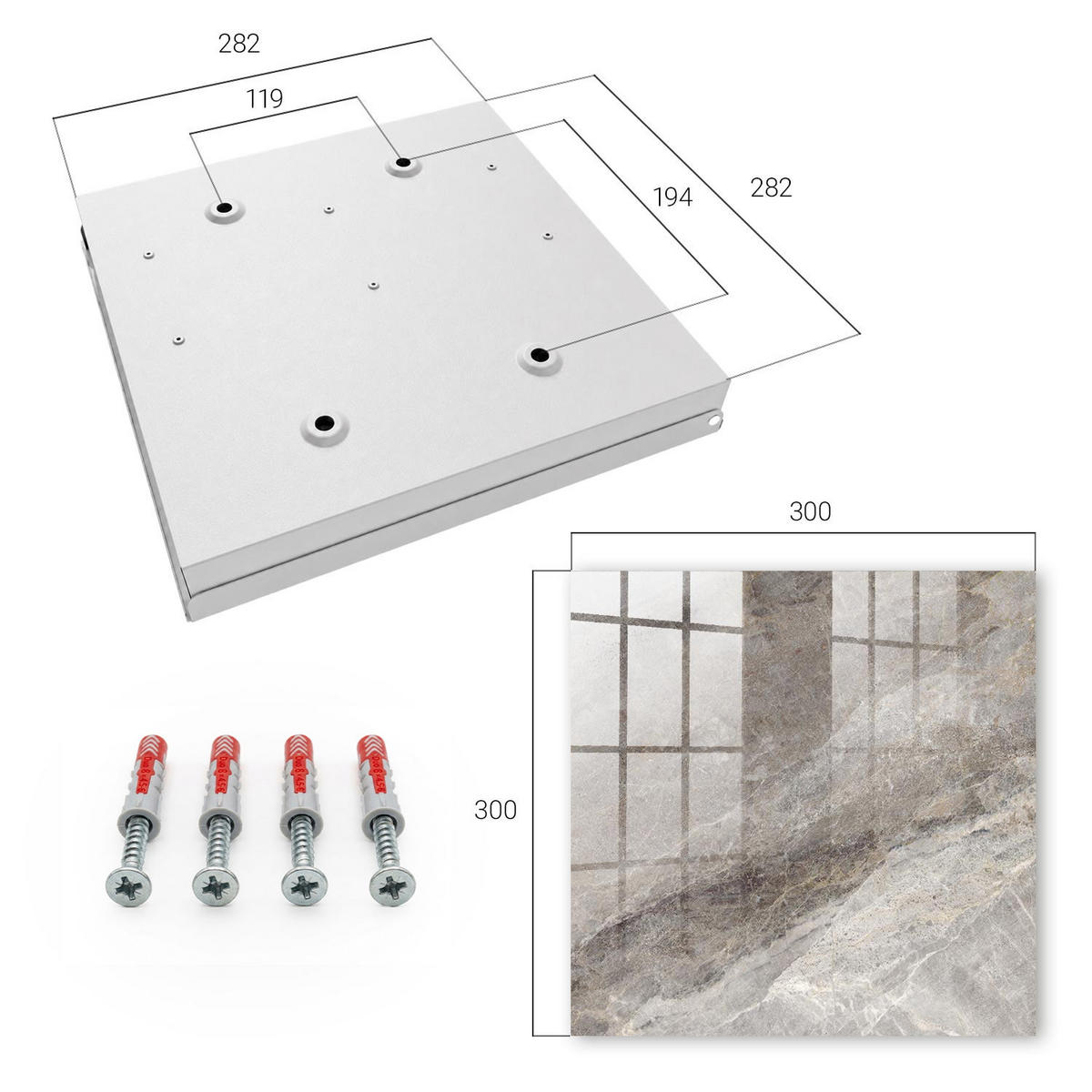 SCHLÜSSELBOX Weiß 30x30 cm – Türöffnung nach rechts - Steintextur - Grau, Metall (30/30/5cm) - TULUP