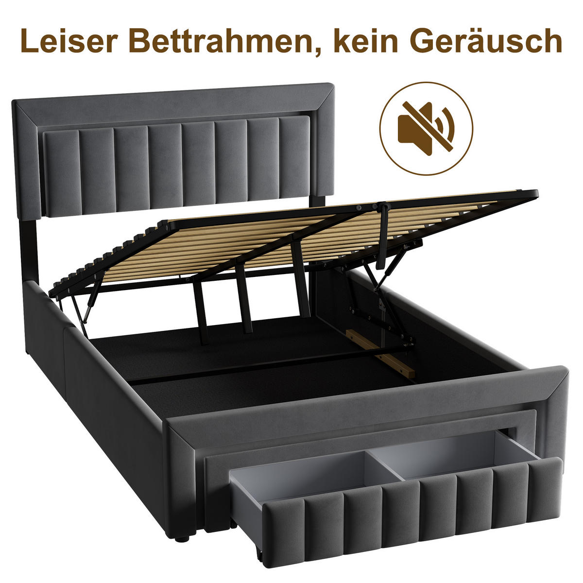 POLSTERBETT 140/200 mit Bettkasten und Schubladen , mit LED, ohne Matratze - Grau, Holzwerkstoff/Textil (140/200cm) - STILVORA