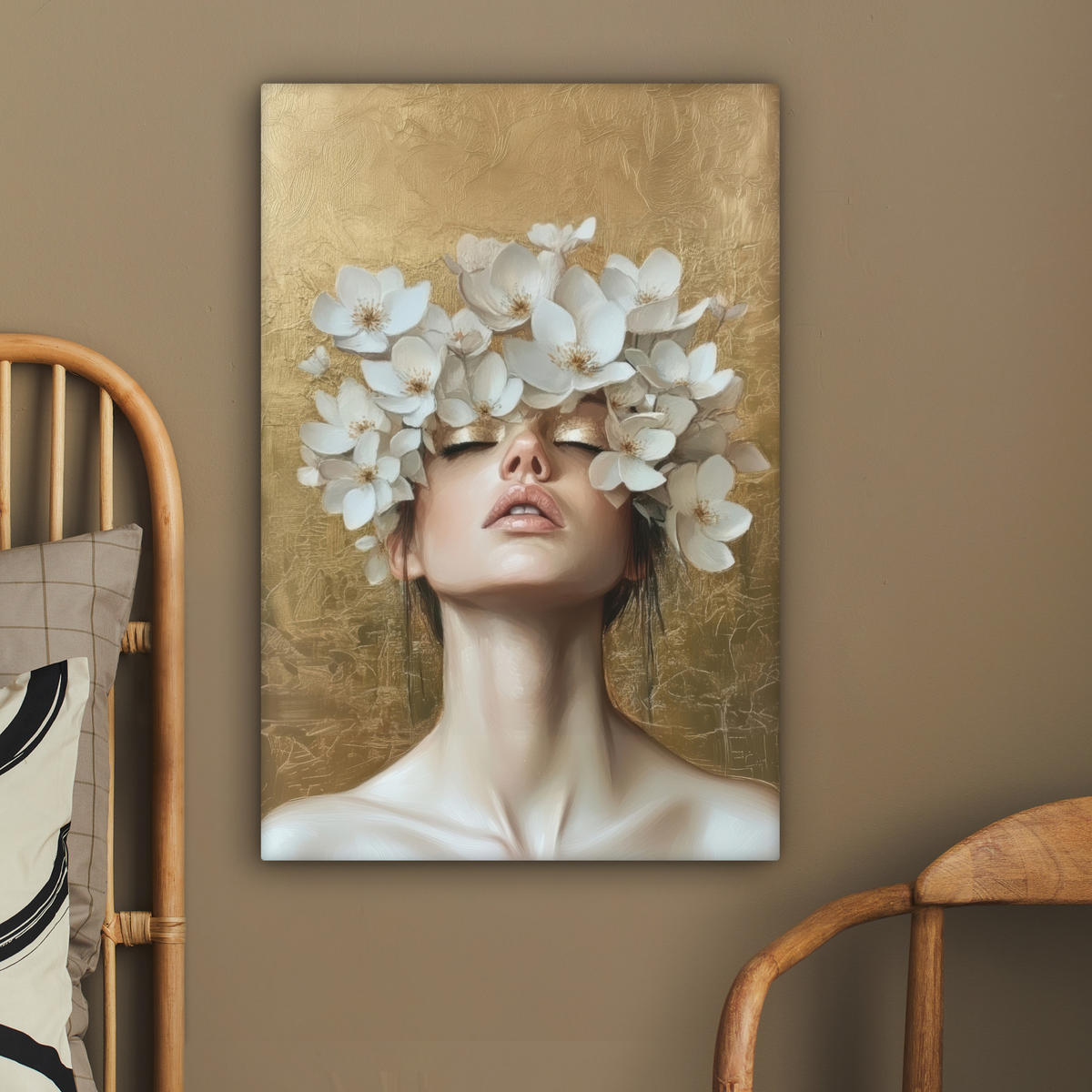 LEINWANDBILD Gesicht - Blumen - Gold - Abstrakt Wanddeko Schlafzimmer 60x90 cm - Goldfarben, Textil (60/90cm) - MuchoWow
