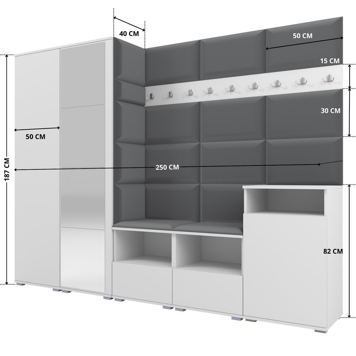 GARDEROBE NELA VIII 250 cm (Modulare Flurmöbel Weiß mit Spiegel & Sitzpolster Dunkelgrau 15 Set XL) - Dunkelgrau/Silberfarben, Holz/Holzwerkstoff (250/187/40cm) - Ravio