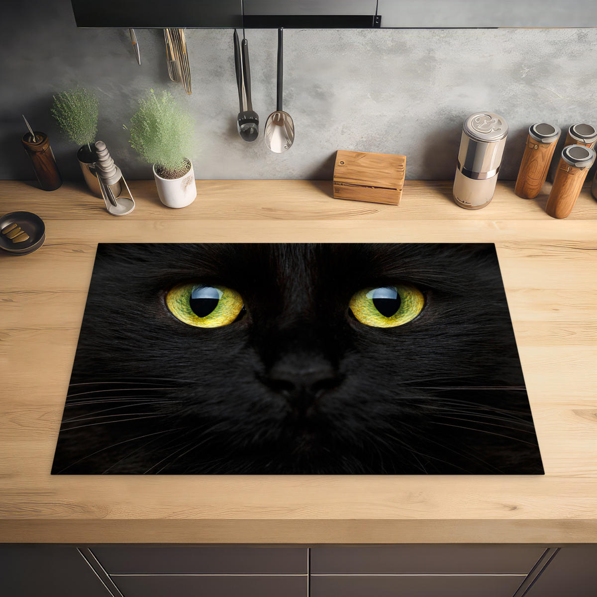 HERDABDECKPLATTE Katze - Augen - Gelb - Schwarz Ceranfeldabdeckung 76x51.5 cm - Schwarz, Kunststoff (76/51.5/0.2cm) - MuchoWow