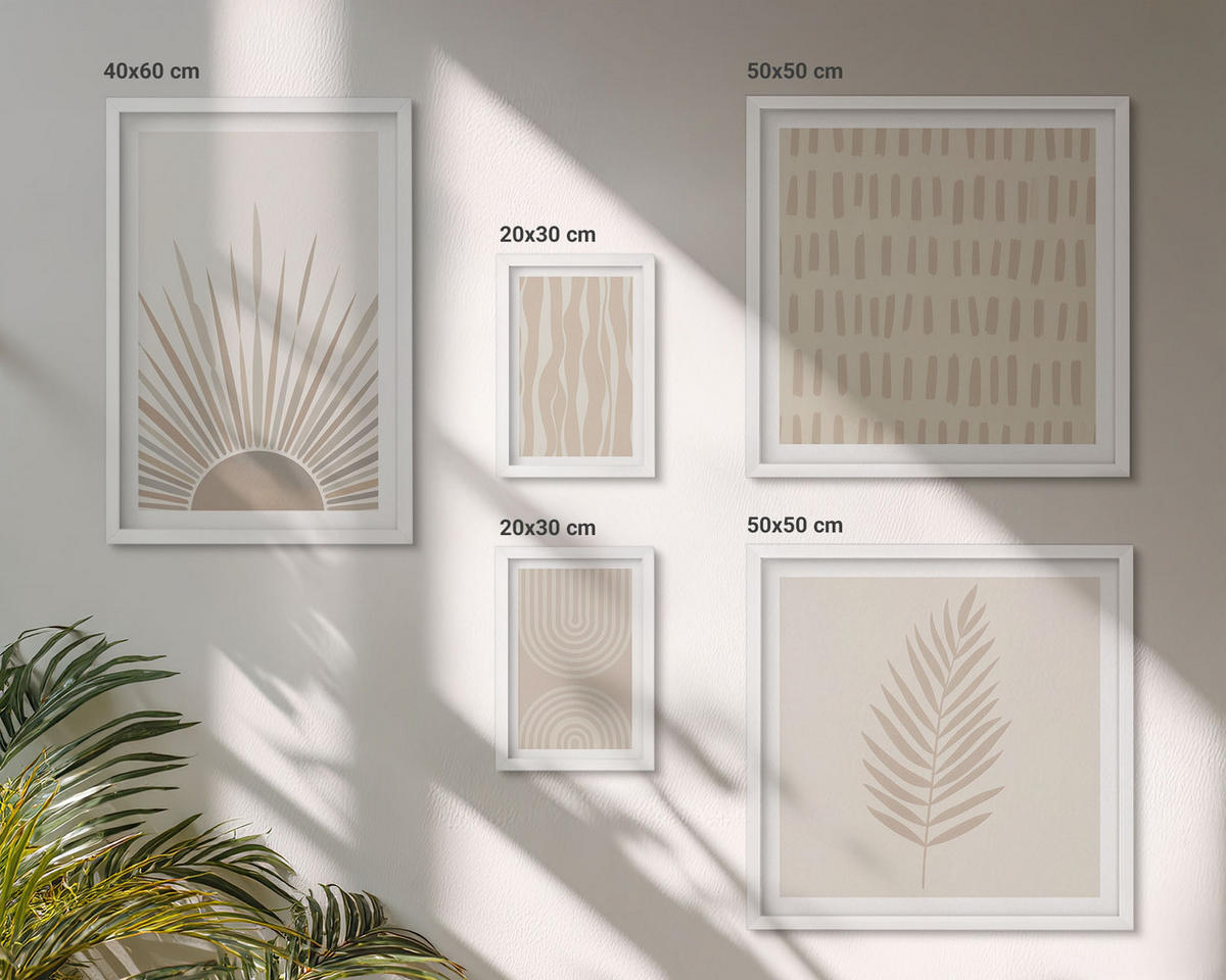BILDER SET 5er Set - 50x50 cm & 20x30 cm & 40x60 cm Weißer Rahmen - Beige Pflanzenmuster - Weiß, Kunststoff (40/60cm) - TULUP