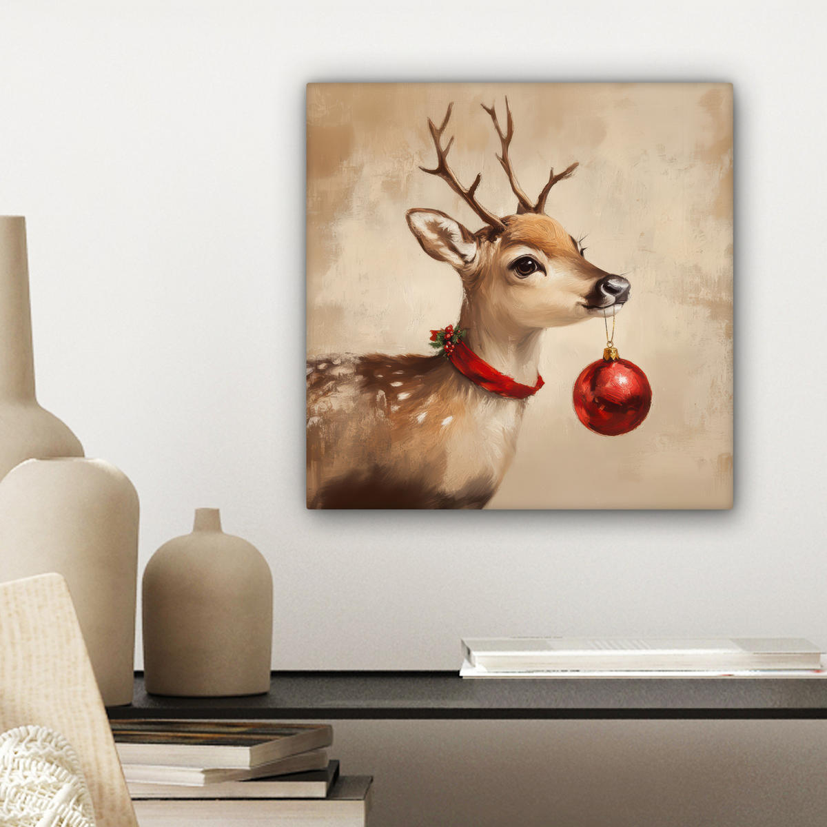 LEINWANDBILD Weihnachten - Hirsch - Geweih - Weihnachtskugel - Rentier Deko Wohnzimmer 20x20 cm - Hellbraun, Textil (20/20cm) - MuchoWow