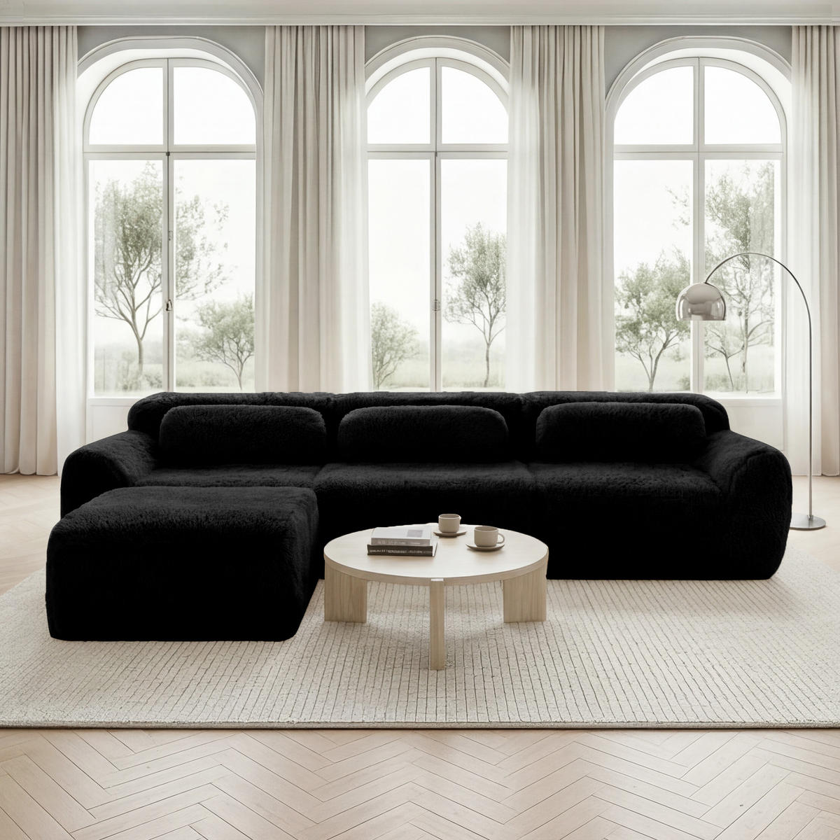 3-SITZER Sofa 291x179x73 cm aus Plüschstoff rahmenlos modular mit Ottoman, schwarz - Schwarz, Textil (179/73/291cm)