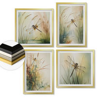 WANDBILDER 4er Set - 50x50 cm & 40x60 cm Goldrahmen - Libellengräser über dem Wasser - Goldfarben, Kunststoff (50/50cm) - ArtPrintCave