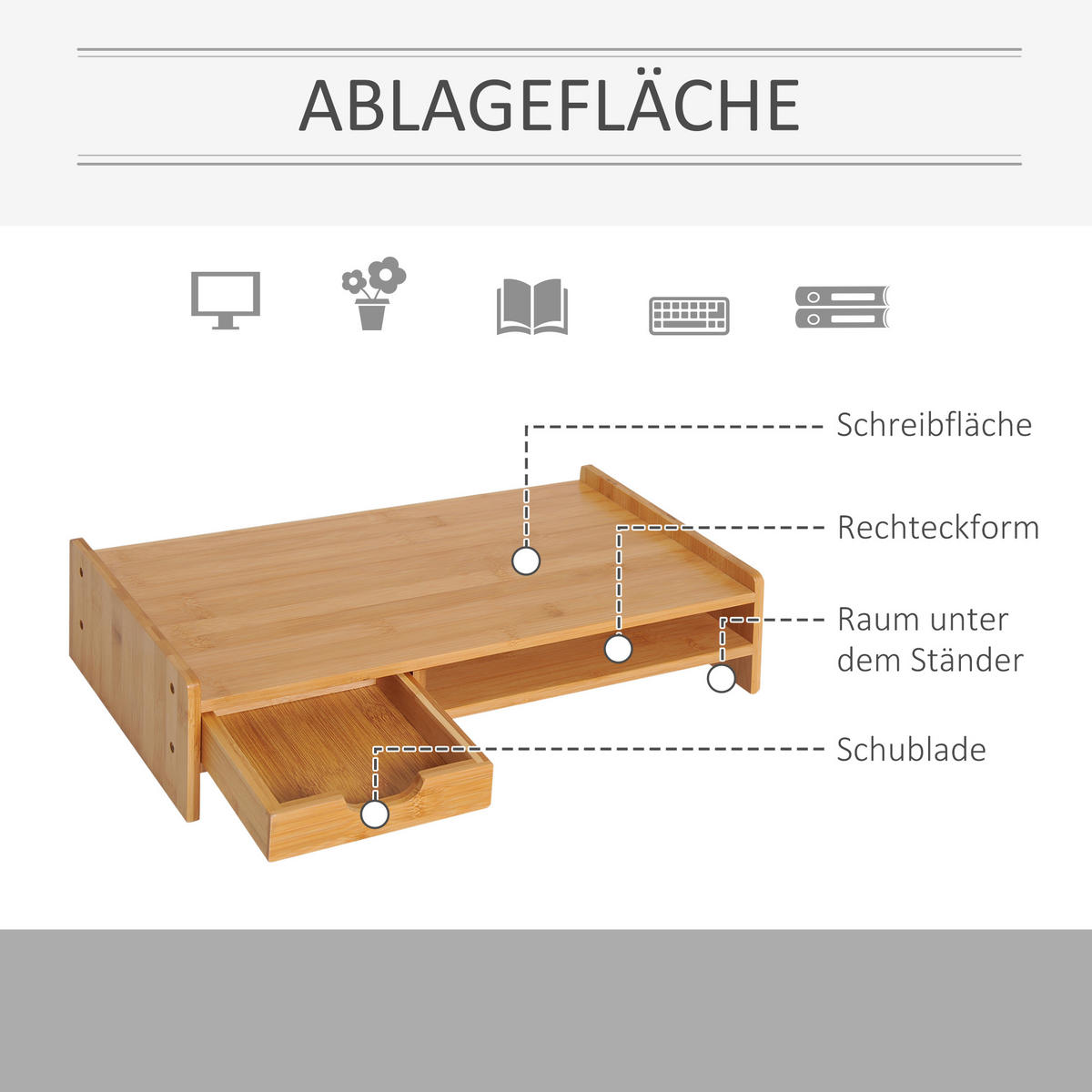 MONITORSTÄNDER Mit Schubladen Bildschirmständer Schreibtisch-Organizer Natur - Naturfarben, Holz (49/25.5/11.5cm) - HOMCOM