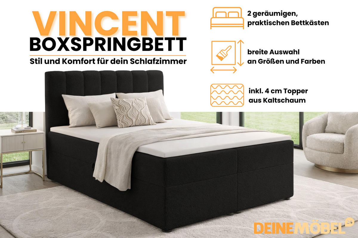 BOXBETT VINCENT 200/200 in Boucle Schwarz H3 - Schwarz, Holz/Holzwerkstoff (200/200cm) - Deine Möbel 24