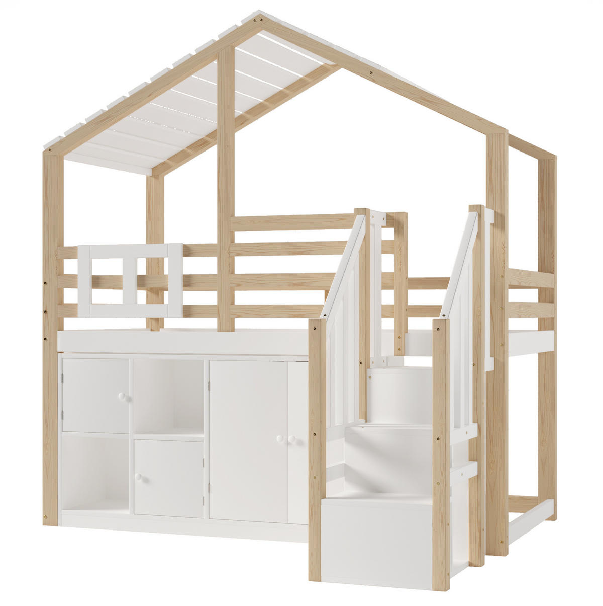 HOCHBETT 90/200 cm Hausform mit Stauraumleiter in Weiß + Natur - Weiß, Holz (90/200cm) - OKWISH