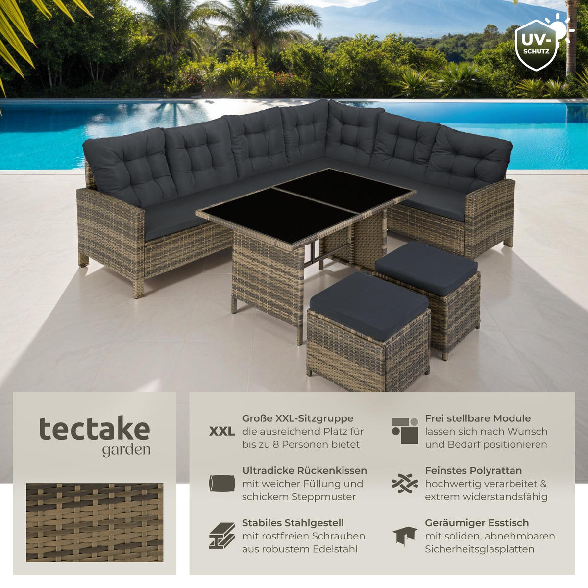 RATTANLOUNGE Barletta,mit Sicherheitsglasplatten,natur - Naturfarben, Kunststoff - tectake