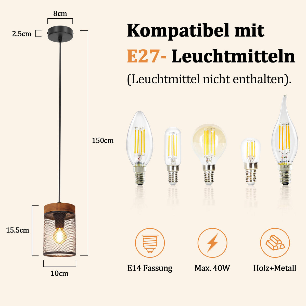 PENDELLEUCHTE Ylenli 10/10/150 cm - Schwarz, Holz/Metall (10/10/150cm) - ZMH