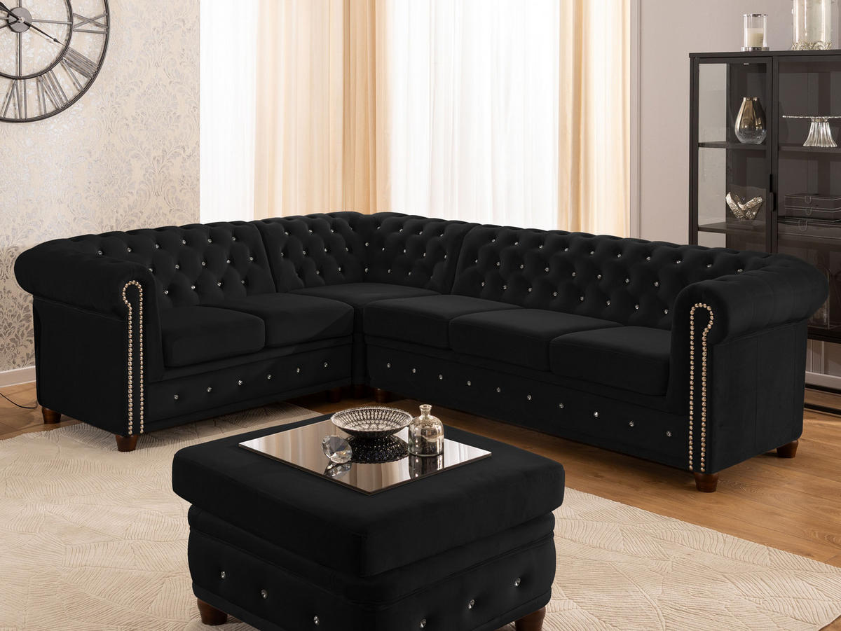 ECKSOFA Chesterfield Cleo Blink Schwarz Samt mit Kristallsteppung und braunen Massivholzfüßen - Ottomane Links - Schwarz/Braun, Holz/Textil (264/210cm) - S-Style Möbel