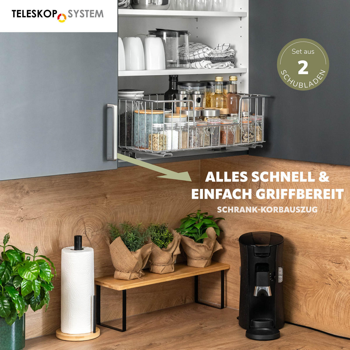 KORBAUSZUG (2er Set), 50 cm Breite, für Oberschränke, Chrom - Silberfarben, Metall (50/20/28.5cm) - bremermann